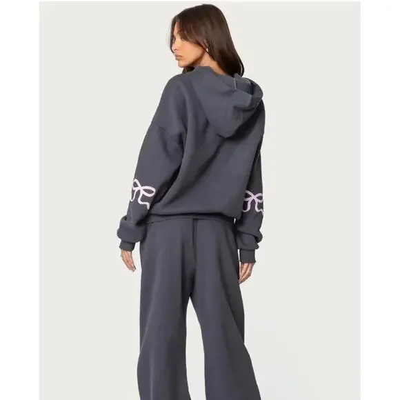 NWT Edikted Bonney Bow Detail Hoodie Dark Gray Oversized Lounge Couquette Sz XS - Picture 2 of 5